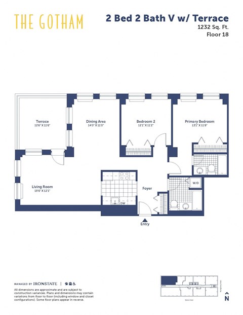 Floor plan for 2 beds, 2 baths, 1232 sqft